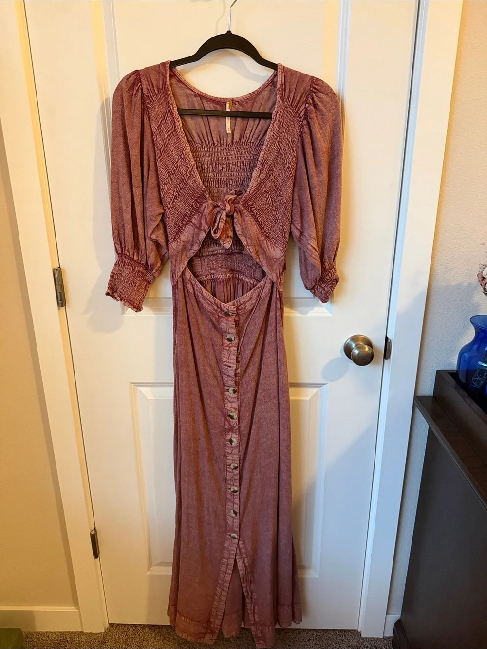 Free People Dusty Rose Button-Front Maxi Dress with Tie Bodice